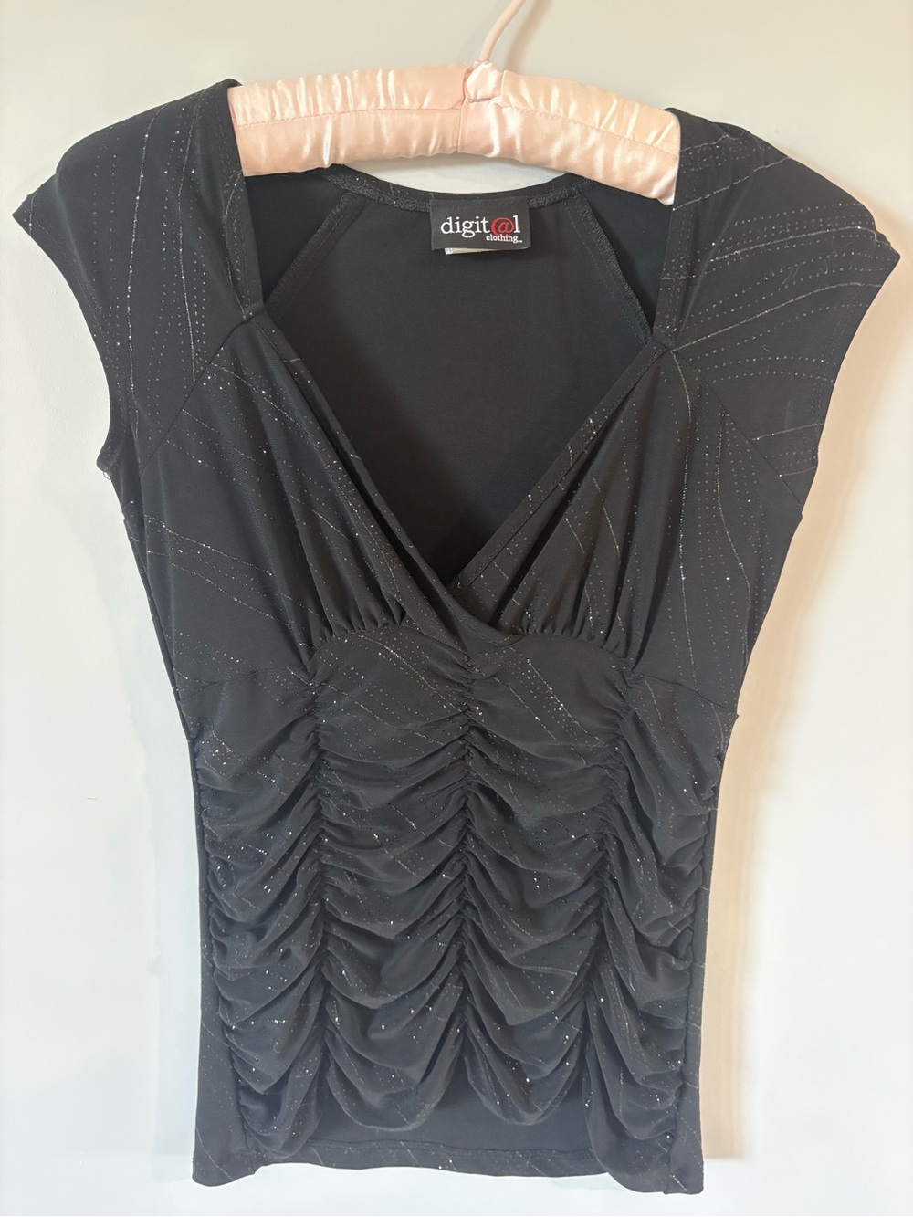 Y2K 2000s Black Glittery Ruched Ruffle V-Neck Top